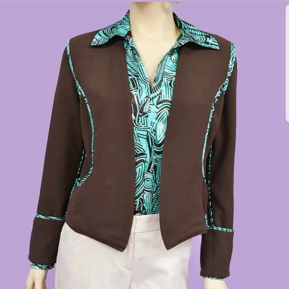 Brown & Green Reversible Blazer Polyester Open Front w/ POCKETS HANDMADE IN USA - Picture 4 of 7